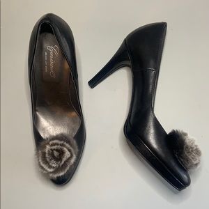 Garisma black  leather heels w/fur embellishment